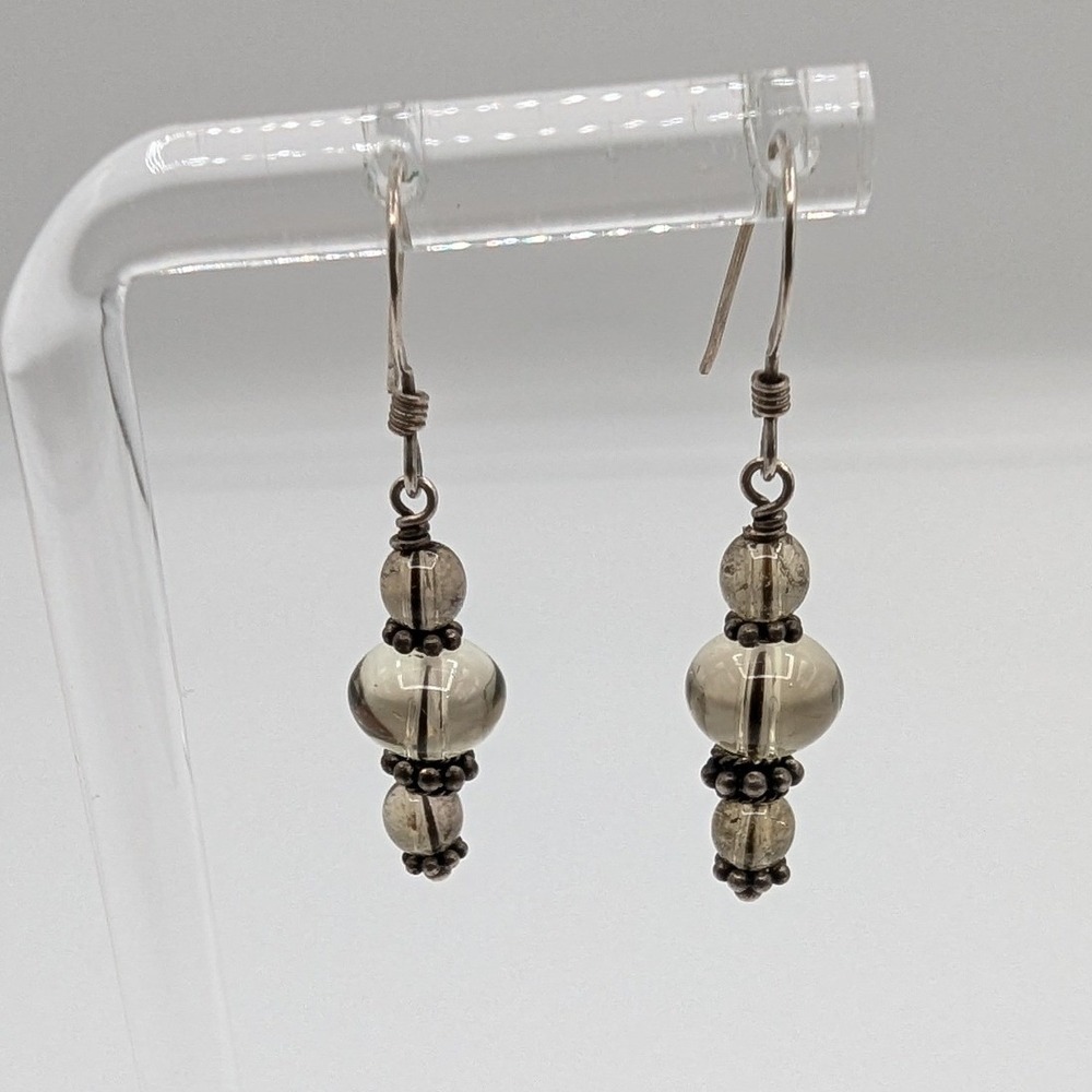 Sterling Silver 925 Smoky Quartz Beaded Drop Earrings French Wire Boho Brown